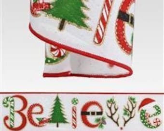 Believe Christmas Ribbon Red Green Christmas Holiday Royal Ribbon Christmas Tree Peppermint Santa Ribbon 2.5 Inch wired