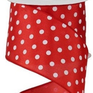 Satin Polka Dot Ribbon Wired Red with White Dots ( W: 1 - 1/2 inch | L: 10 Yards )