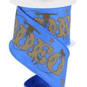 May include: Blue ribbon with a brown "RODEO" design. The ribbon features cowboys, horses, and stars.