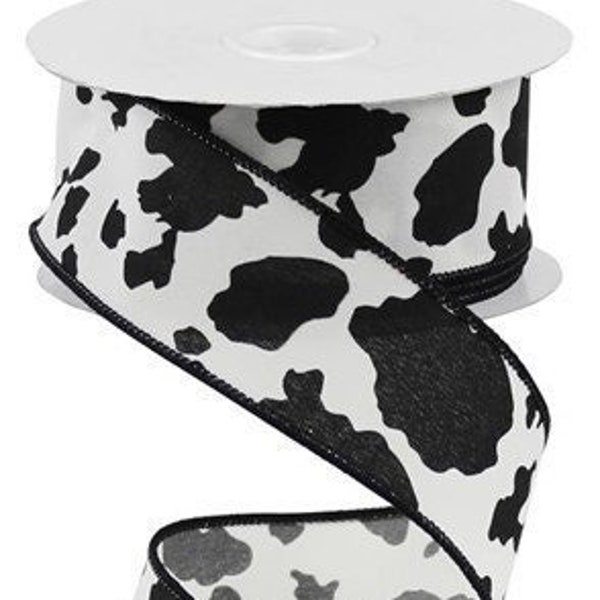 Cowhide Ribbon Ivory Print Black Cow Print Ribbon Black Cow ribbon Farm Rodeo Ribbon 1.5 Inch Wired Ribbon