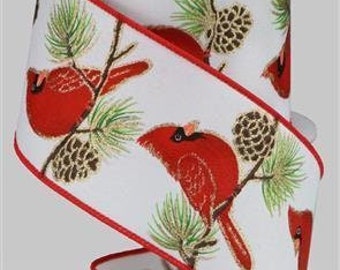 10 Yards - 2.5” Wired Snowy Red Cardinal Winter Ribbon with Gold Glitter  Accent