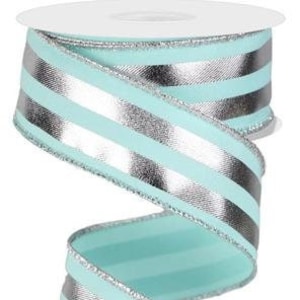 Ice Blue Silver Striped Ribbon Aqua Silver Striped Ribbon 1.5 inch wired ribbon