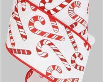 Candy Cane Ribbon Red White Candy Cane Chritmas Ribbon 2.5 Inch Wired Ribbon