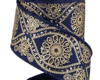 Navy Gold Wavy Floral Ribbon Navy Gold Metallic Ribbon Floral Gold Ribbon 2.5 Inch Wired Ribbon