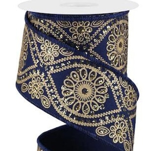 Navy Gold Wavy Floral Ribbon Navy Gold Metallic Ribbon Floral Gold Ribbon 2.5 Inch Wired Ribbon