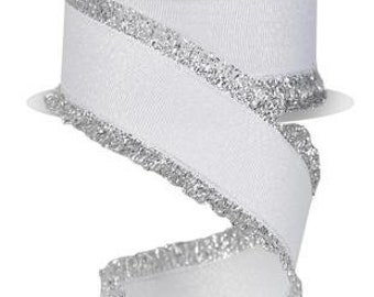 White SIlver Ribbon White Silver Edge Ribbon Fuzzy Ribbon 1.5 Inch wired ribbon