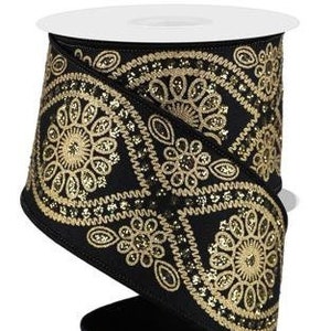 Black Gold Wavy Floral Ribbon Black Gold Metallic Ribbon Floral Gold Ribbon 2.5 Inch Wired Ribbon