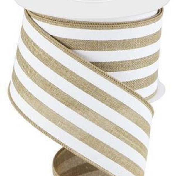 Burlap Linen Beige Stripe Ribbon Stripe Beige White Burlap Stripes Wired Ribbon