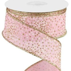 Pink Gold Glitter Dots Ribbon Gold Pink Ribbon 1.5 Inch Wired Ribbon