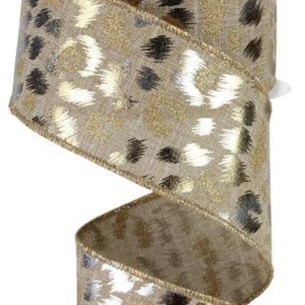 Beige Gold Leopard Ribbon gold Animal Print Ribbon 2.5 Inch Wired Ribbon Ivory gold silver Cheetah Ribbon