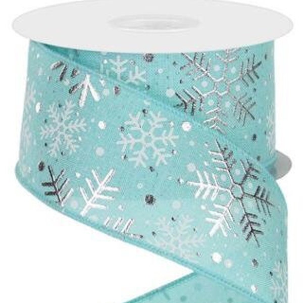 Ice Blue Snowflake Ribbon Blue Aqua Silver Snowflake Ribbon 2.5 Inch wired ribbon