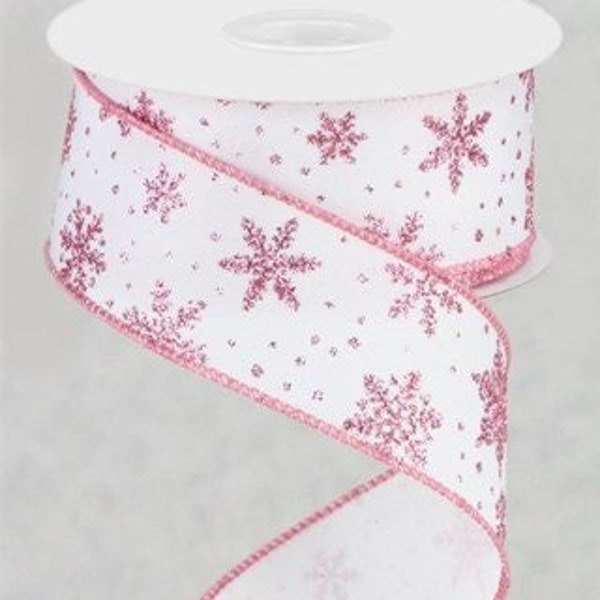 Pink Snowflake Ribbon Pink Glitter White Snowflake Ribbon 1.5 Inch Wired Ribbon