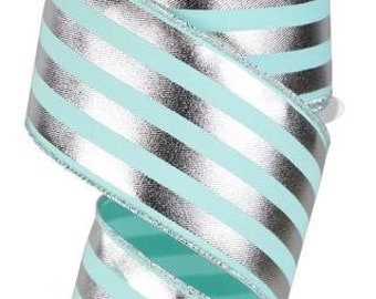 Ice Blue Silver Striped Ribbon Aqua Silver Striped Ribbon 2.5 inch wired ribbon