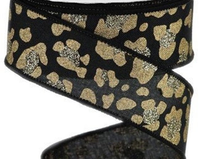 Black Gold Leopard Ribbon Gold Animal Print Ribbon 1.5 Inch Wired ...