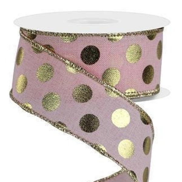 Pink Gold Dot Ribbon Pale Pink Gold Polka Dot Ribbon 1.5 Inch Wired Ribbon