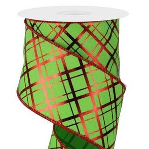 May include: Green and red plaid ribbon with a metallic sheen. The ribbon is 2.5 inches wide and is perfect for crafting and decorating.