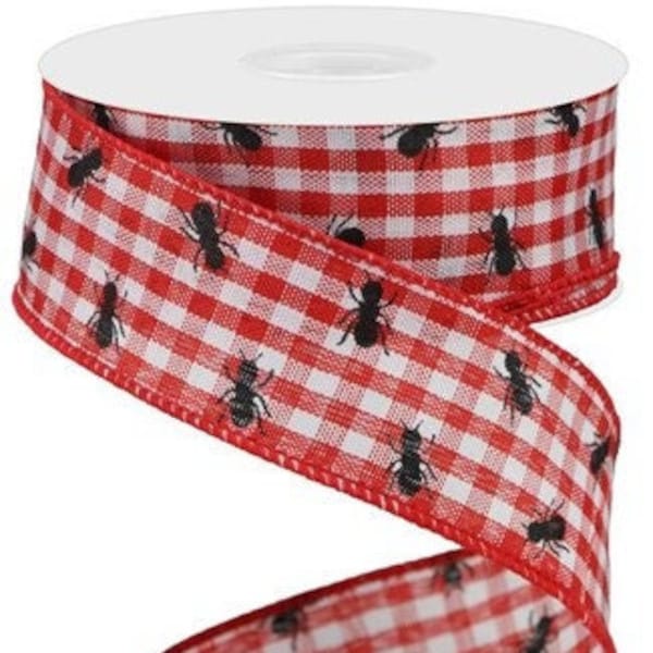 Picnic Ants on Gingham Red Gingham Ribbon Ants 1.5 Inch wired ribbon