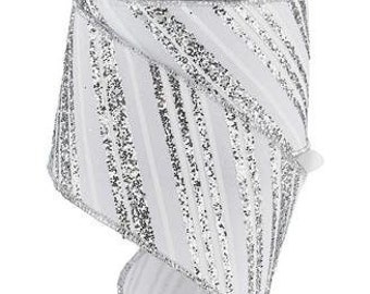 White Silver Ribbon White Silver Diagonal White Silver Glitter Ribbon Ribbon Floral Silver Ribbon 2.5 Inch Wired Ribbon