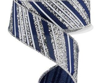 Navy Silver Glitter Ribbon Navy Silver Glitter Stripe Ribbon 1.5 Inch wired ribbon