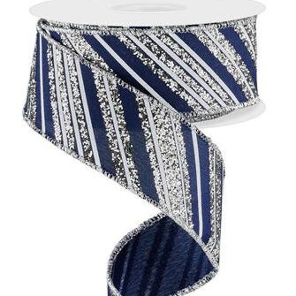 Navy Silver Glitter Ribbon Navy Silver Glitter Stripe Ribbon 1.5 Inch wired ribbon