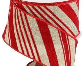 Red Velvet Stripe Ribbon Red Beige Candy Stripe Ribbon 2.5 Inches Christmas Ribbon