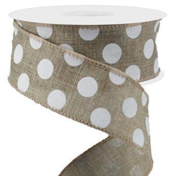 Burlap Dot Ribbon Multi Dots Burlap Dots Wired Linen Beige Ribbon 1.5 Inch