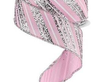 Pink Christmas Ribbon Pink Silver Glitter White Snowflake Ribbon 1.5 Inch Wired Ribbon