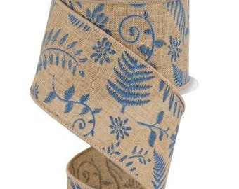 Blue Floral Burlap Ribbon Beige Blue Embroidered Greenery Ribbon 2.5 Inc Wired Ribbon