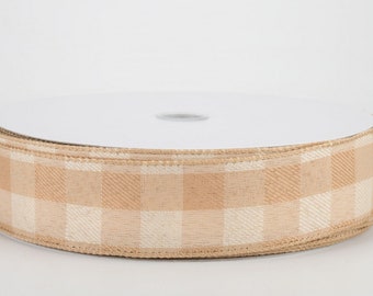 Tan Plaid Ribbon Cream Tan Buffalo Plaid Ribbon Linen Wired Ribbon 1.5 Inch Natural Check Ribbon