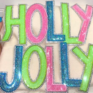 Holly Jolly neon Sequin Patch Christmas Pink Iron on Patch Christmas Patch