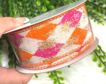 Pink Orange Ribbon 1.5 Inch Orange Fuschia Harlequin Ribbon