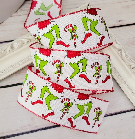 Grinch Ribbon Green Monster Wired Christmas Ribbon Wreath Green