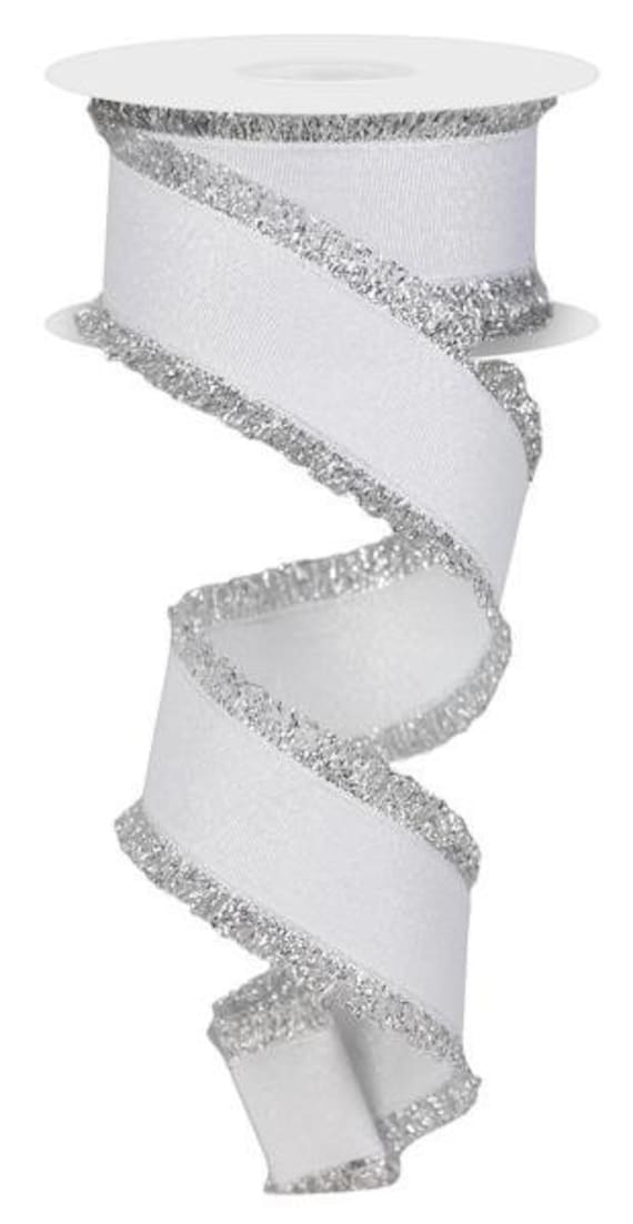 White SIlver Ribbon White Silver Edge Ribbon Fuzzy Ribbon 1.5 Inch wired  ribbon