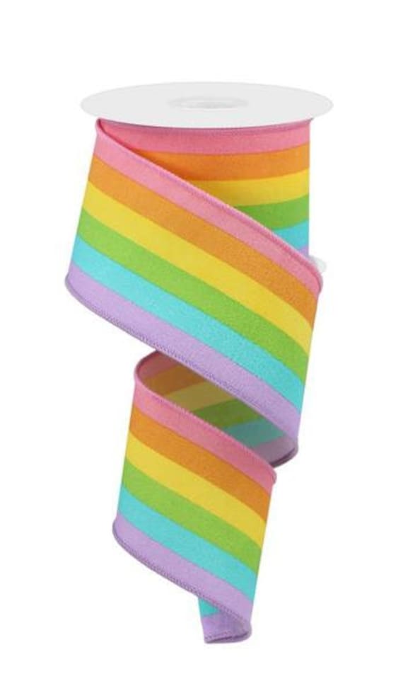 Rainbow Ribbon Vertical Stripe Rainbow Pastel Ribbon 2.5 Inch Wired Ribbon  