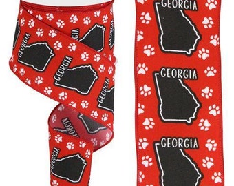 Georgia Ribbon Georgia Bulldog Ribbon Paw Print Red Black Ribbon 2.5 Inch Wired