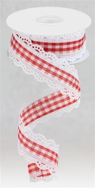 Red Gingham Lace Ribbon Red White Scalloped Edge Lace Gingham 1.5 Inch Wired