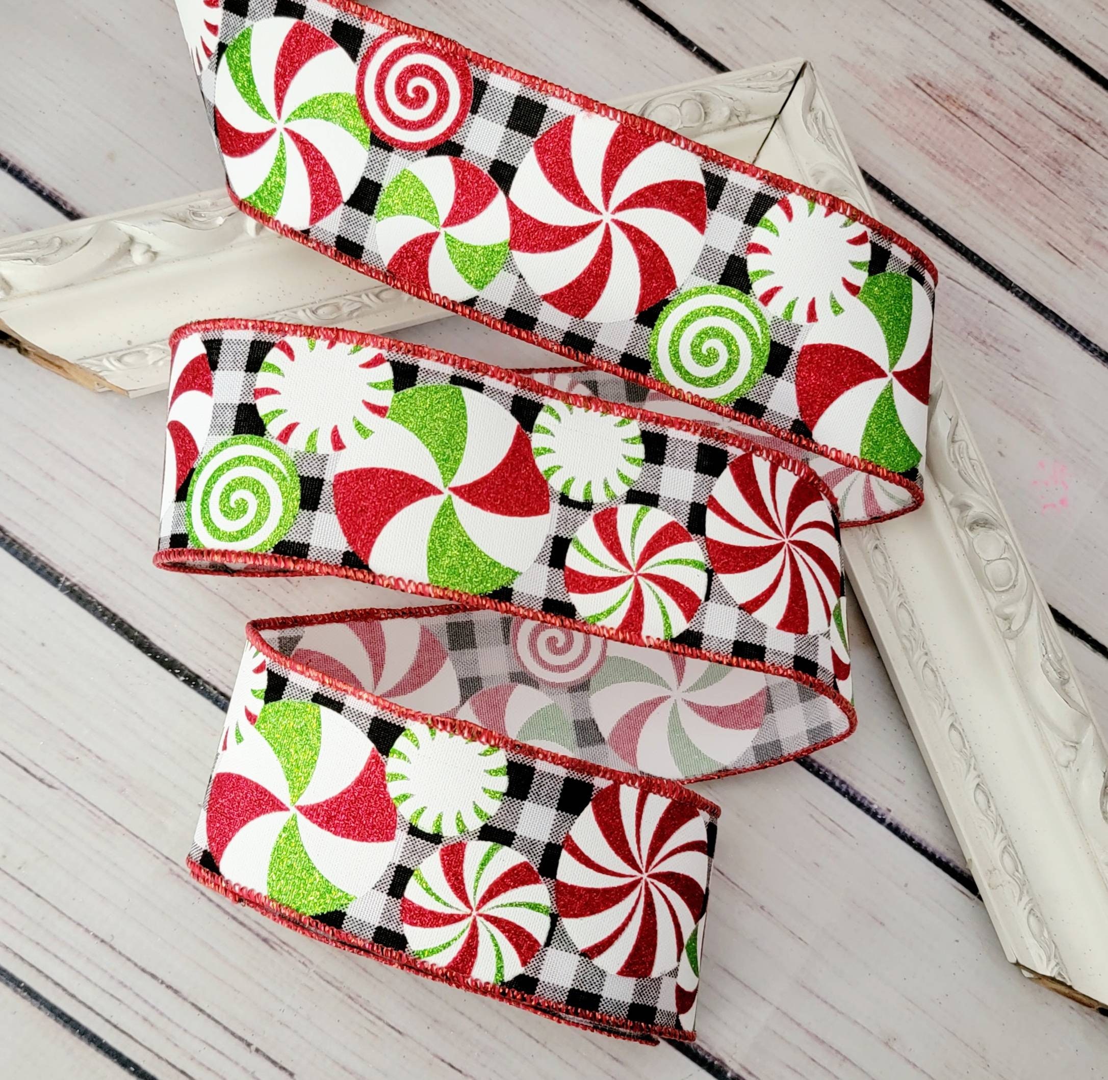 Pepper Ribbons Peppermint Ribbon Black Gingham Peepermint Ribbon 2.5 Inch Wired Ribbon ...