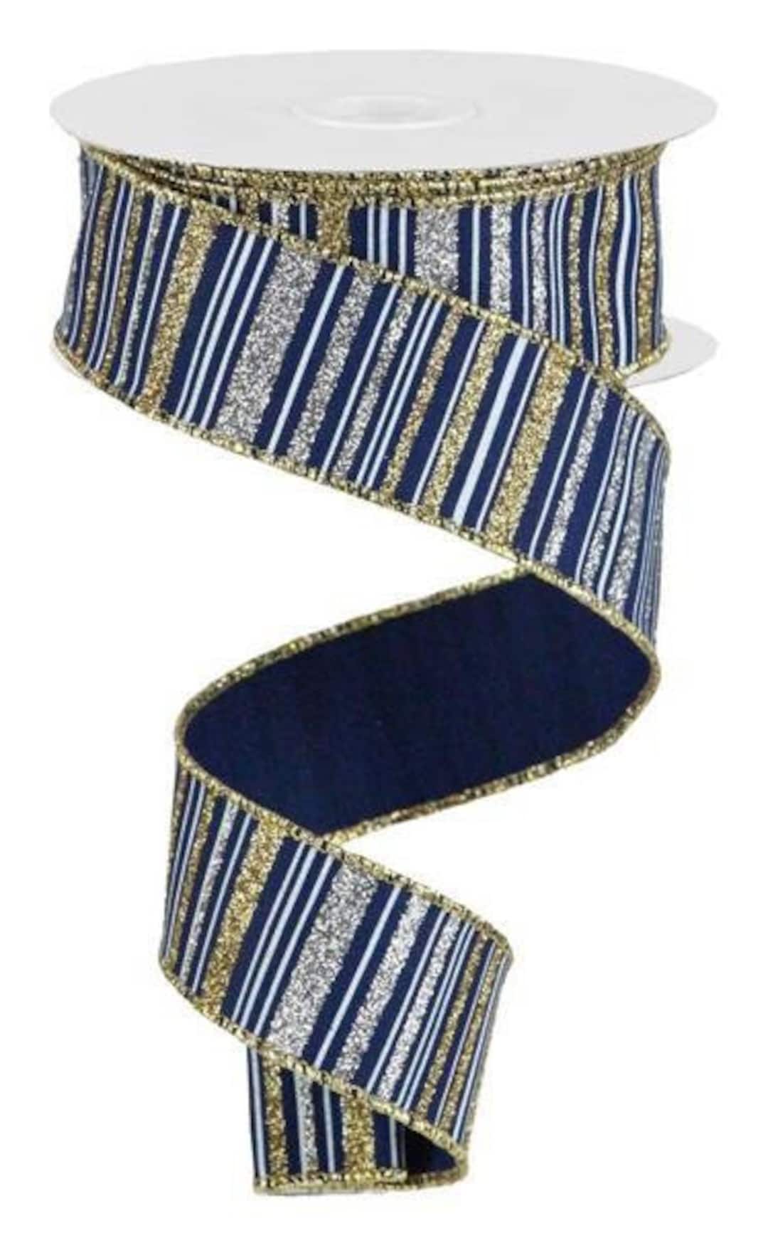 Navy Gold Ribbon Navy Gold White Stripe Ribbon 1.5 Inch Wired Ribbon Navy Christmas Ribbon Etsy