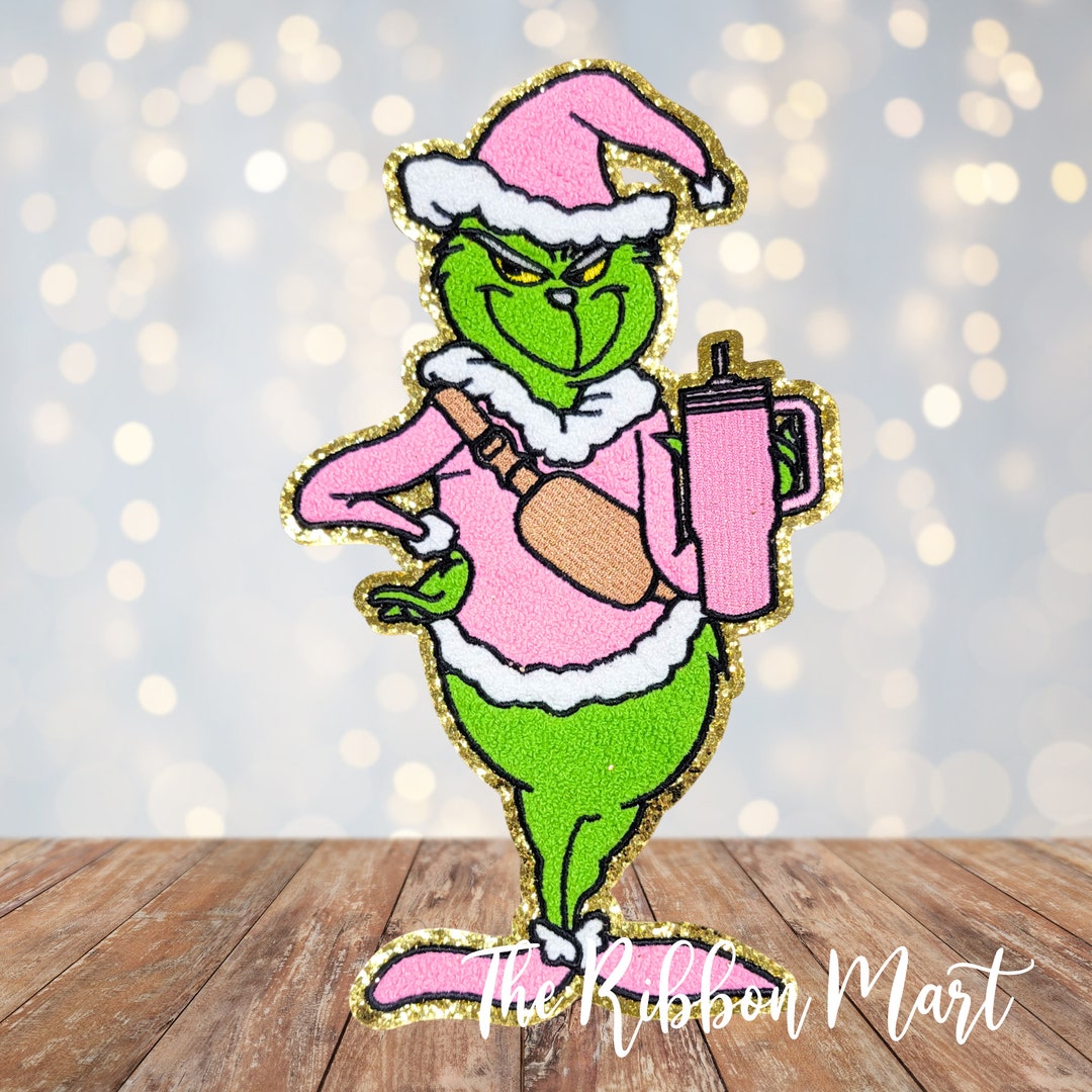 Grinch Chenille Patch Iron on Pink Grinch Patch With Cup Bougee Grinch