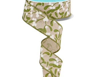 Mistletoe Ribbon Natural Ribbon 1.5 Inch Wired Christmas Ribbon