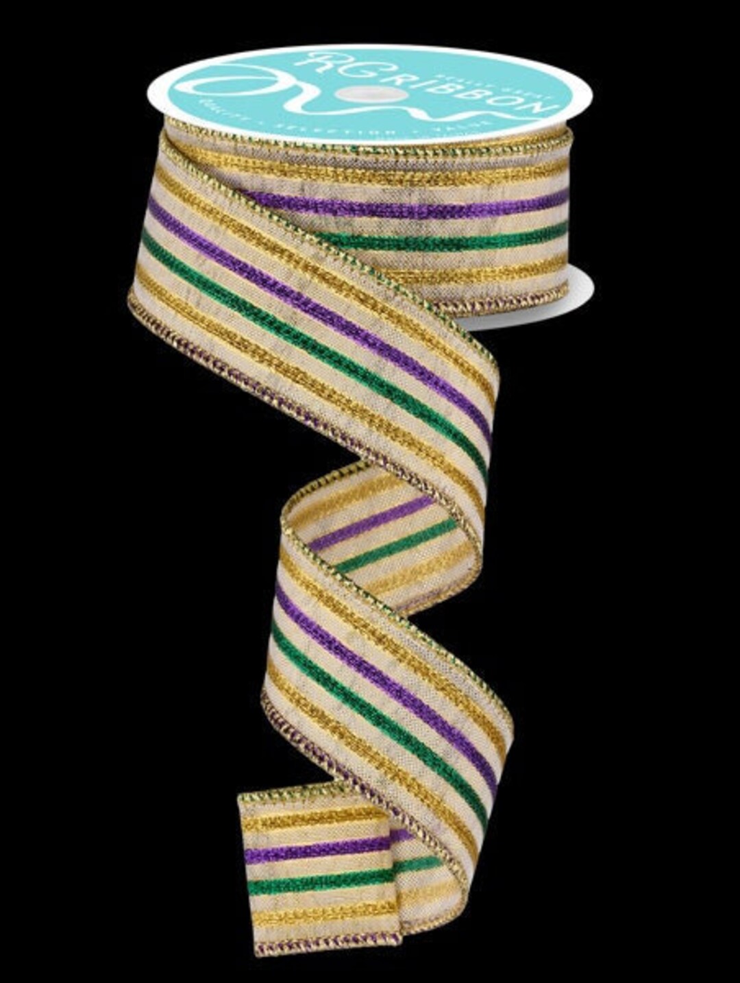 Mardi Gras Stripe Ribbon Mardi Gras New Orleans Ribbon Wired Wreath Ribbon  1.5 Inch Wired Woven Fabric 