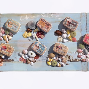 May include: A light blue wooden board labeled Confectionary Shell Tin Cans, featuring six rectangular metal tins with vintage-style graphics of cupcakes, muffins, cakes, and coffee, each surrounded by a collection of various sea shells.
