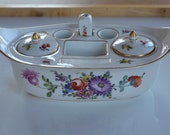 Antique 19th century European hand painted porcelain inkwell desk set with colorful floral design and gold trim