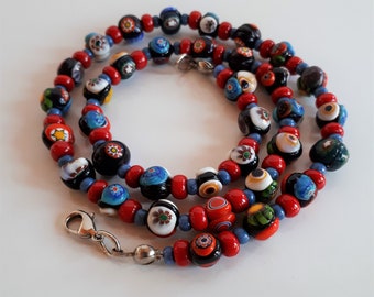 Vintage Murano Venetian millefiori glass beaded necklace red blue white black unique beads multicolor inclusions