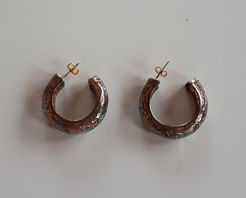 RARE big Vintage Chinese export gold plated sterling silver plique a jour hoop pierced Earrings