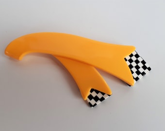 RUNWAY vintage yellow black white checkerboard plastic lucite abstract modernist brooch pin racing car flag colors