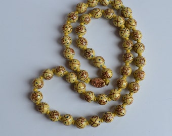 Vintage Chinese export mustard yellow porcelain hand painted and knotted beaded necklace gold washed filigree clasp