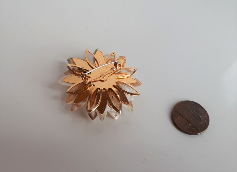 Big Vintage mother of pearl shell MOP layered flower Brooch Pin gold accent dimensional hand carved