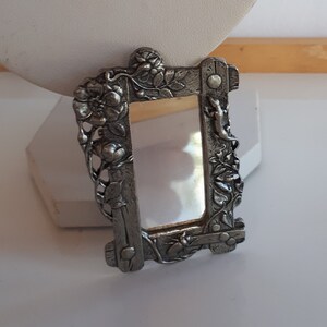 Big Vintage mirror with rustic silver metal frame with bug insect lizard flowers brooch pin