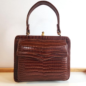 Bolso de mano elegante de lujo vintage para mujer, de piel marrón con relieve texturizado y asa superior